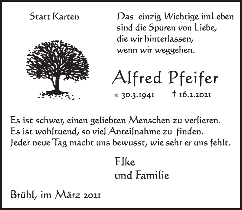  Traueranzeige für Alfred Pfeifer vom 12.03.2021 aus  Schlossbote/Werbekurier 