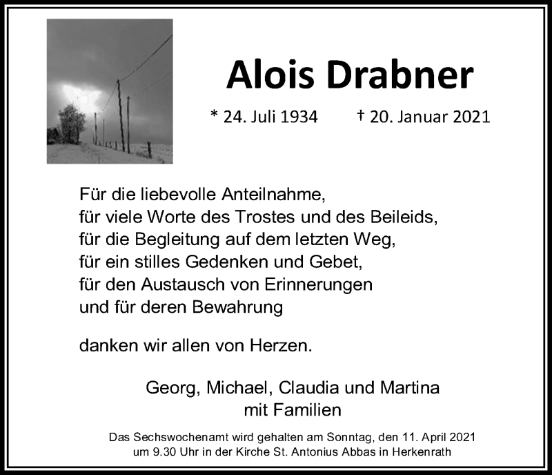  Traueranzeige für Alois Drabner vom 27.03.2021 aus Kölner Stadt-Anzeiger / Kölnische Rundschau / Express