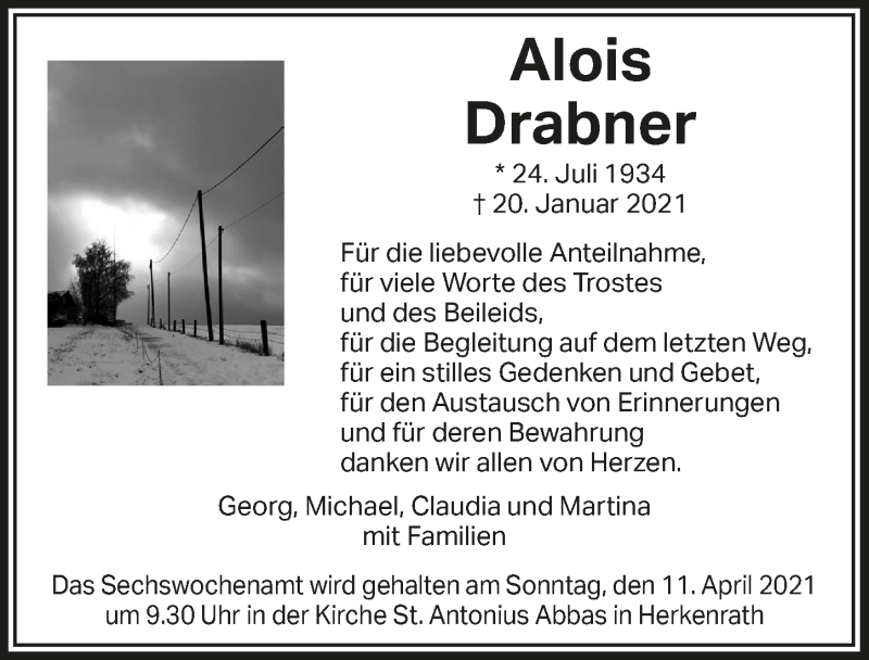  Traueranzeige für Alois Drabner vom 26.03.2021 aus  Bergisches Handelsblatt 