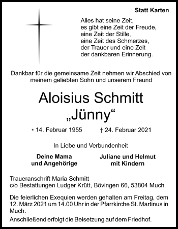 Anzeige von Aloisius Schmitt von Kölner Stadt-Anzeiger / Kölnische Rundschau / Express