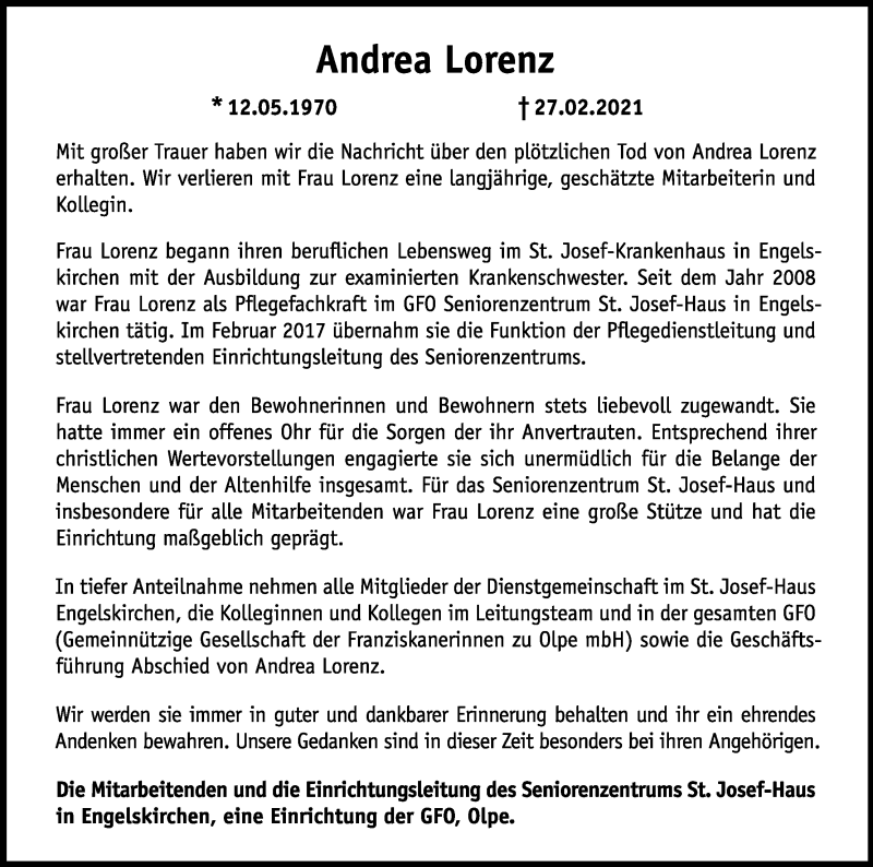  Traueranzeige für Andrea Lorenz vom 10.03.2021 aus Kölner Stadt-Anzeiger / Kölnische Rundschau / Express