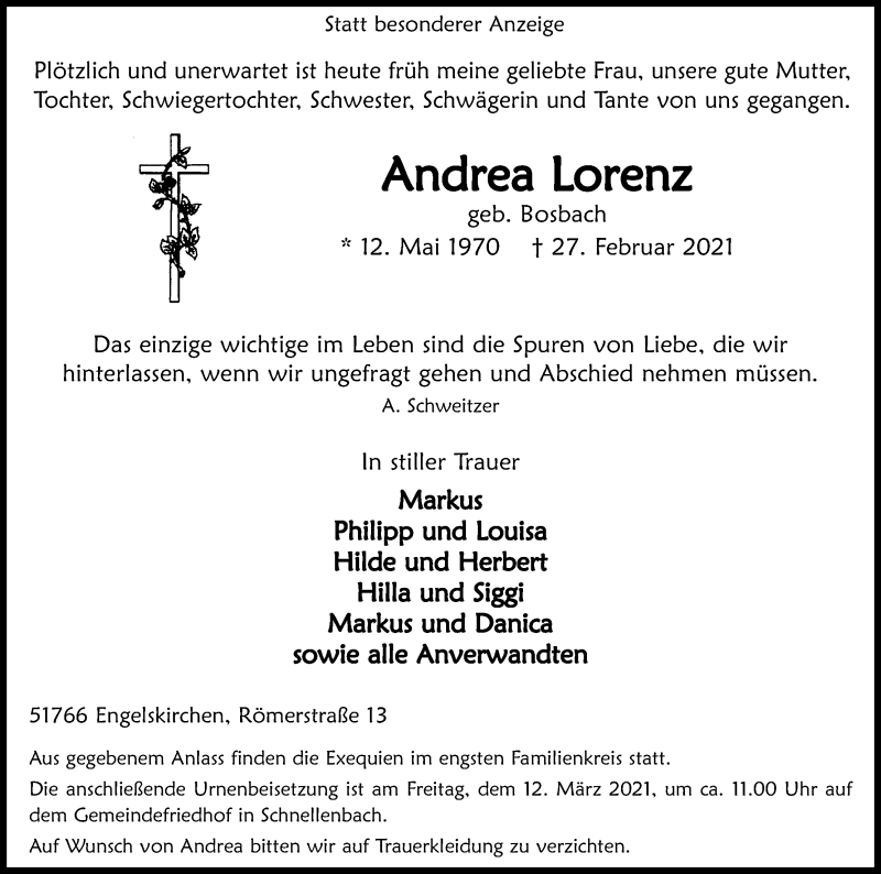  Traueranzeige für Andrea Lorenz vom 06.03.2021 aus Kölner Stadt-Anzeiger / Kölnische Rundschau / Express