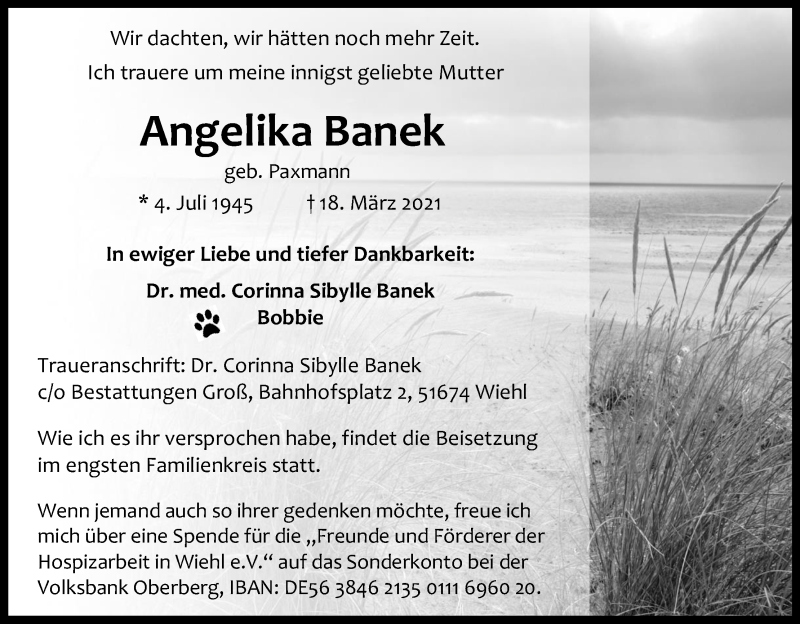  Traueranzeige für Angelika Banek vom 20.03.2021 aus Kölner Stadt-Anzeiger / Kölnische Rundschau / Express
