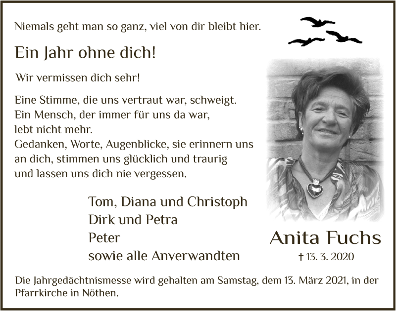  Traueranzeige für Anita Fuchs vom 06.03.2021 aus  Blickpunkt Euskirchen 