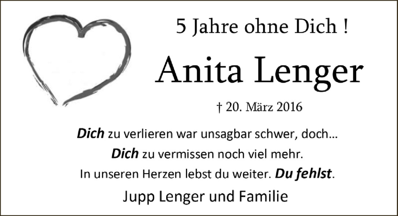  Traueranzeige für Anita Lenger vom 19.03.2021 aus  Anzeigen Echo 