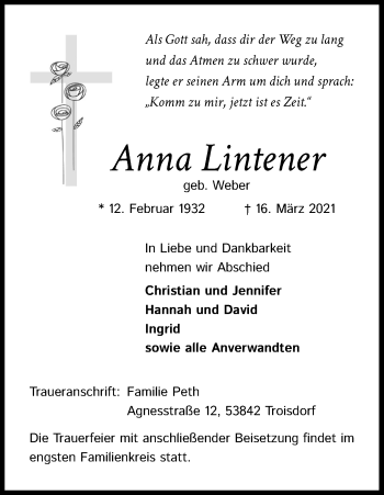 Anzeige von Anna Lintener von Kölner Stadt-Anzeiger / Kölnische Rundschau / Express