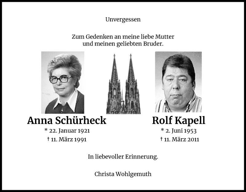  Traueranzeige für Anna Schürheck vom 11.03.2021 aus Kölner Stadt-Anzeiger / Kölnische Rundschau / Express