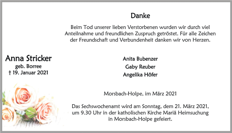  Traueranzeige für Anna Stricker vom 19.03.2021 aus  Lokalanzeiger 
