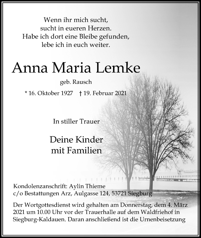  Traueranzeige für Anna Maria Lemke vom 02.03.2021 aus Kölner Stadt-Anzeiger / Kölnische Rundschau / Express