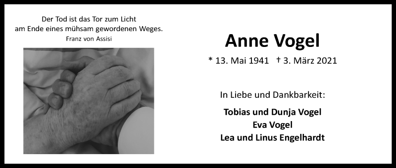  Traueranzeige für Anne Vogel vom 13.03.2021 aus Kölner Stadt-Anzeiger / Kölnische Rundschau / Express
