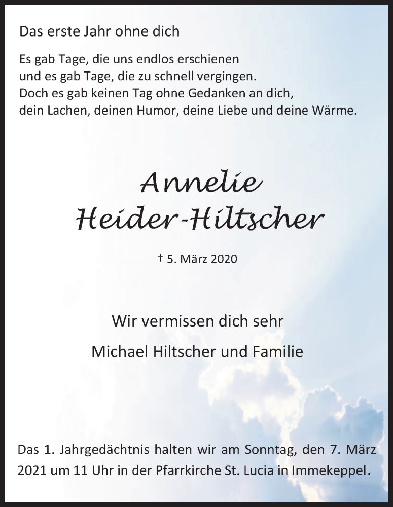  Traueranzeige für Annelie Heider-Hiltscher vom 06.03.2021 aus Kölner Stadt-Anzeiger / Kölnische Rundschau / Express