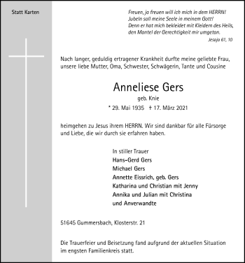 Anzeige von Anneliese Gers von  Anzeigen Echo 