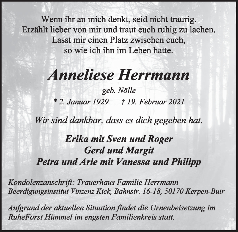  Traueranzeige für Anneliese Herrmann vom 05.03.2021 aus  Werbepost 