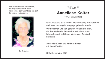 Anzeige von Anneliese Kolter von Kölner Stadt-Anzeiger / Kölnische Rundschau / Express