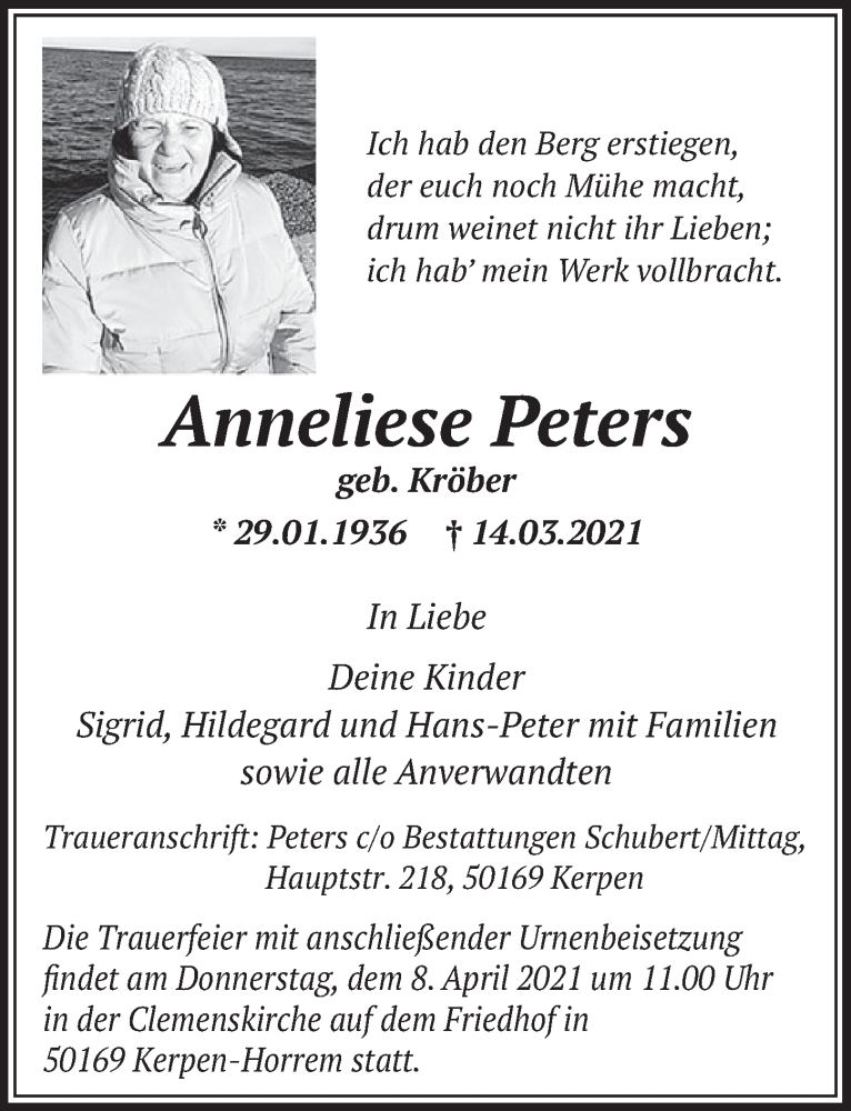  Traueranzeige für Anneliese Peters vom 26.03.2021 aus  Werbepost 