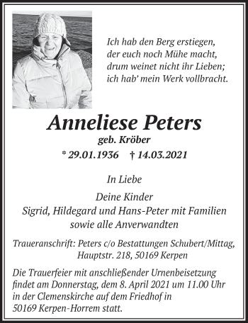 Anzeige von Anneliese Peters von  Werbepost 