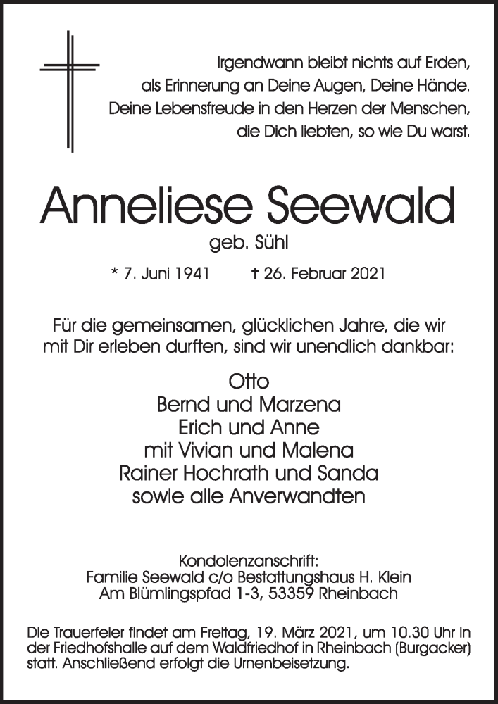  Traueranzeige für Anneliese Seewald vom 12.03.2021 aus  Schaufenster/Blickpunkt 