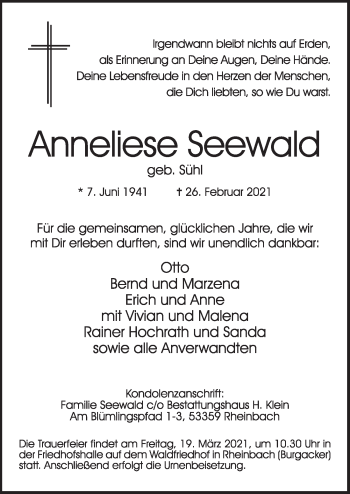 Anzeige von Anneliese Seewald von  Schaufenster/Blickpunkt 