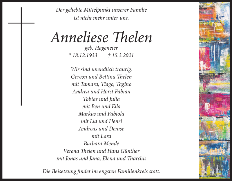  Traueranzeige für Anneliese Thelen vom 20.03.2021 aus Kölner Stadt-Anzeiger / Kölnische Rundschau / Express