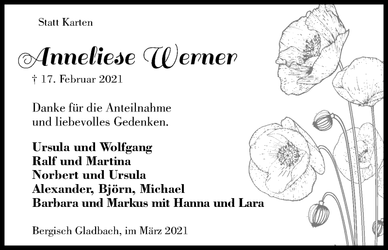  Traueranzeige für Anneliese Werner vom 20.03.2021 aus Kölner Stadt-Anzeiger / Kölnische Rundschau / Express