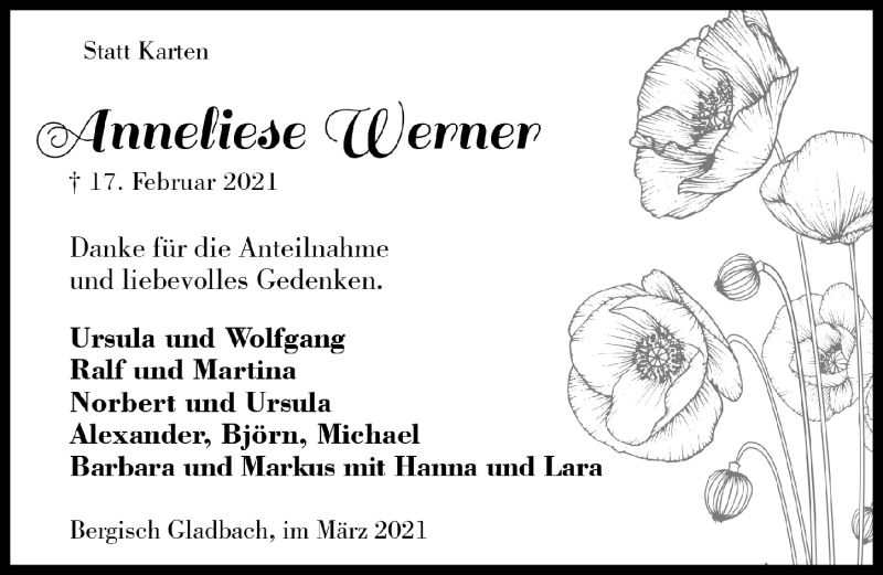  Traueranzeige für Anneliese Werner vom 19.03.2021 aus  Bergisches Handelsblatt 