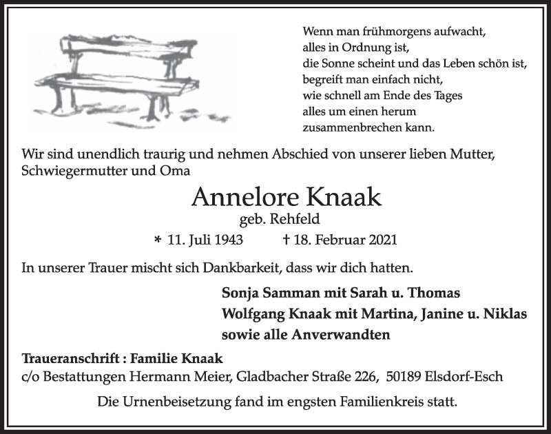  Traueranzeige für Annelore Knaak vom 19.03.2021 aus  Werbepost 