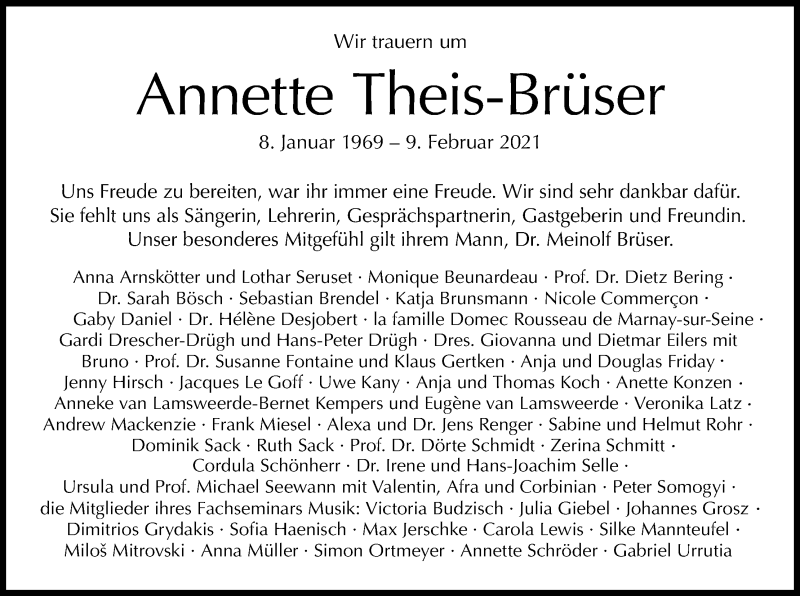  Traueranzeige für Annette Theis-Brüser vom 06.03.2021 aus Kölner Stadt-Anzeiger / Kölnische Rundschau / Express