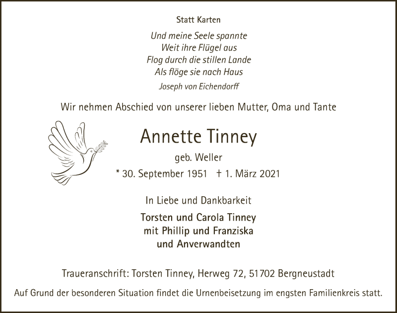  Traueranzeige für Annette Tinney vom 12.03.2021 aus  Anzeigen Echo 