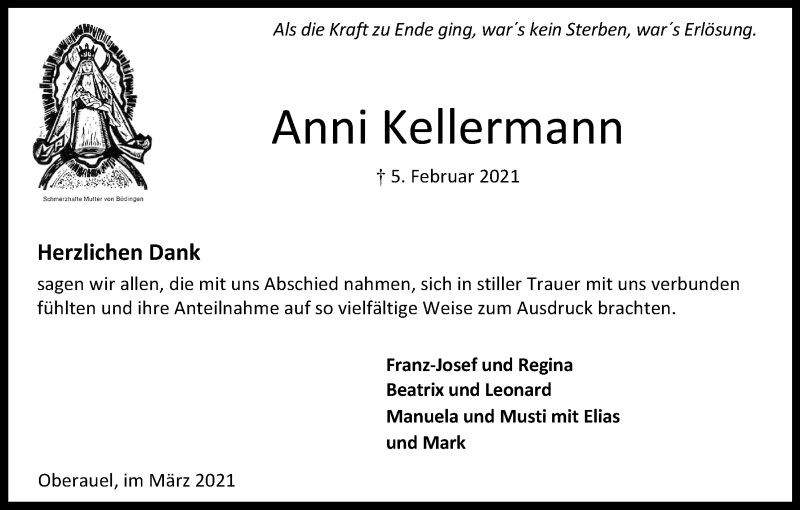  Traueranzeige für Anni Kellermann vom 20.03.2021 aus Kölner Stadt-Anzeiger / Kölnische Rundschau / Express