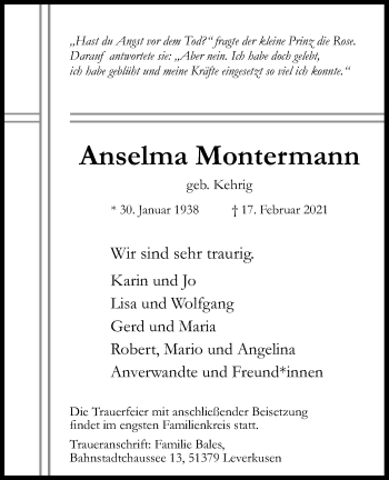 Anzeige von Anselma Montermann von Kölner Stadt-Anzeiger / Kölnische Rundschau / Express