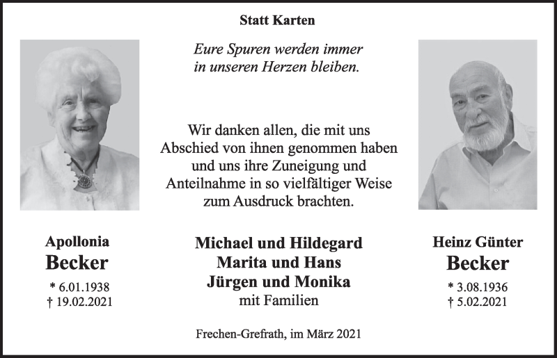  Traueranzeige für Apollonia Becker vom 12.03.2021 aus  Wochenende 