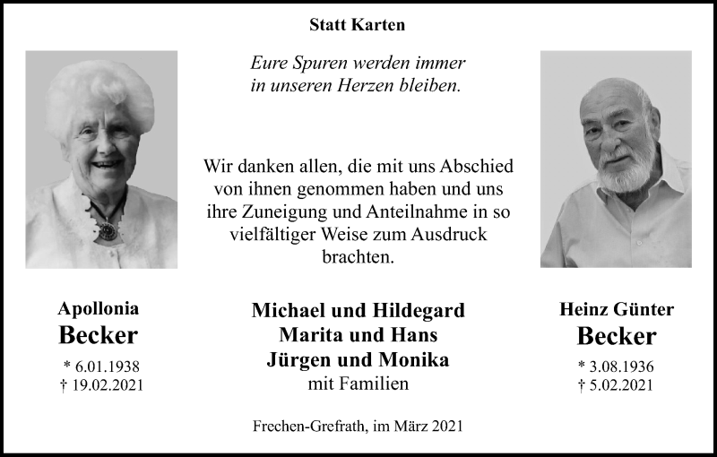  Traueranzeige für Apollonia Becker vom 13.03.2021 aus Kölner Stadt-Anzeiger / Kölnische Rundschau / Express