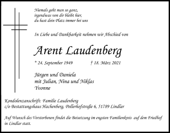 Anzeige von Arent Laudenberg von Kölner Stadt-Anzeiger / Kölnische Rundschau / Express