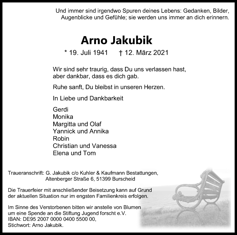  Traueranzeige für Arno Jakubik vom 20.03.2021 aus Kölner Stadt-Anzeiger / Kölnische Rundschau / Express