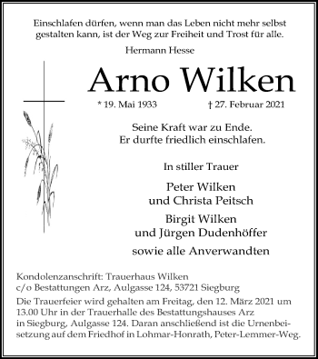 Anzeige von Arno Wilken von Kölner Stadt-Anzeiger / Kölnische Rundschau / Express