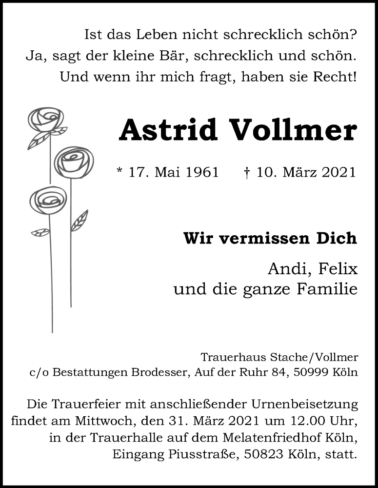  Traueranzeige für Astrid Vollmer vom 20.03.2021 aus Kölner Stadt-Anzeiger / Kölnische Rundschau / Express