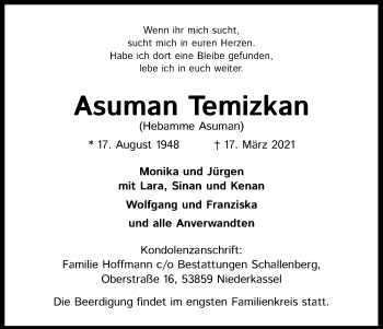 Anzeige von Asuman Temizkan von Kölner Stadt-Anzeiger / Kölnische Rundschau / Express