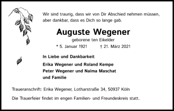 Anzeige von Auguste Wegener von Kölner Stadt-Anzeiger / Kölnische Rundschau / Express