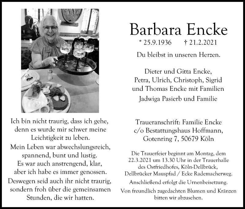  Traueranzeige für Barbara Encke vom 13.03.2021 aus Kölner Stadt-Anzeiger / Kölnische Rundschau / Express