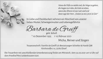Anzeige von Barbara de Greiff von  Kölner Wochenspiegel 