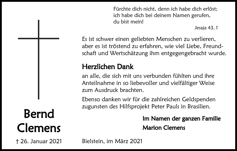  Traueranzeige für Bernd Clemens vom 13.03.2021 aus Kölner Stadt-Anzeiger / Kölnische Rundschau / Express