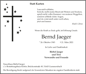 Anzeige von Bernd Jaeger von  Anzeigen Echo 