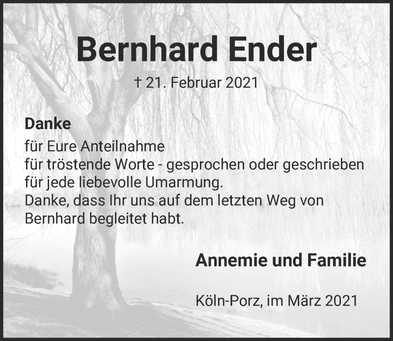  Traueranzeige für Bernhard Ender vom 12.03.2021 aus  Kölner Wochenspiegel 