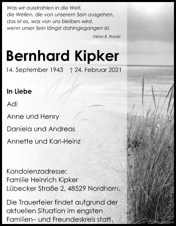 Anzeige von Bernhard Kipker von Kölner Stadt-Anzeiger / Kölnische Rundschau / Express