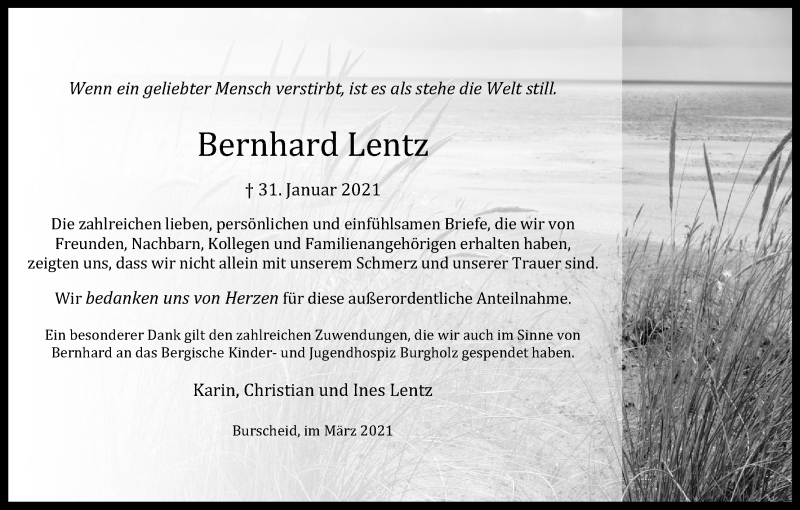  Traueranzeige für Bernhard Lentz vom 13.03.2021 aus Kölner Stadt-Anzeiger / Kölnische Rundschau / Express
