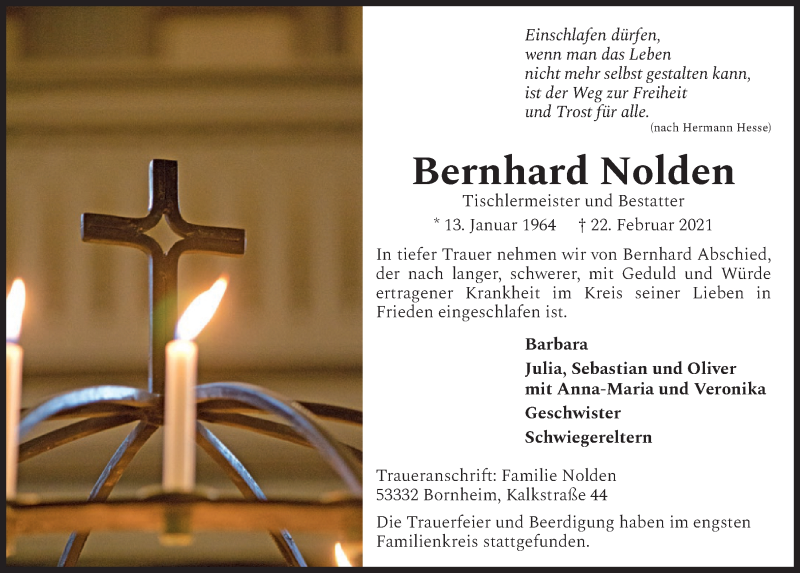  Traueranzeige für Bernhard Nolden vom 05.03.2021 aus  Schaufenster/Blickpunkt 