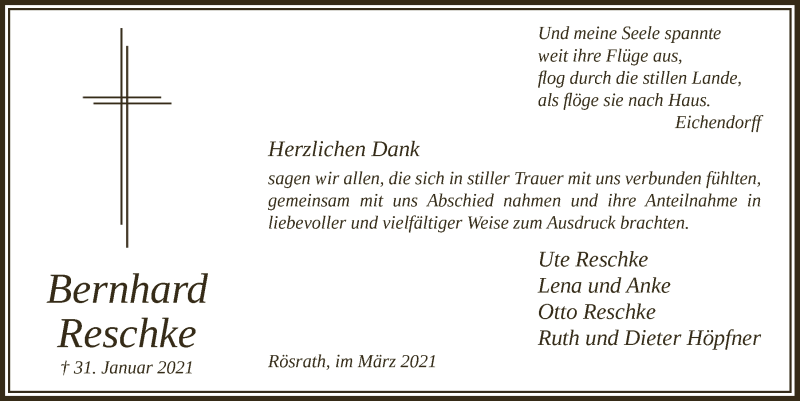  Traueranzeige für Bernhard Reschke vom 19.03.2021 aus  Bergisches Handelsblatt 