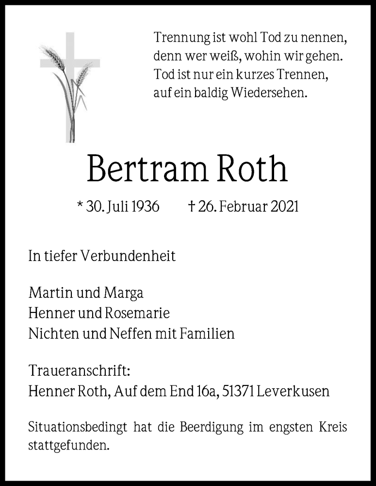  Traueranzeige für Bertram Roth vom 06.03.2021 aus Kölner Stadt-Anzeiger / Kölnische Rundschau / Express