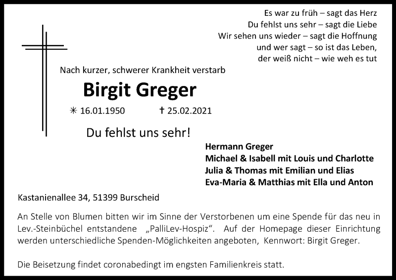  Traueranzeige für Birgit Greger vom 06.03.2021 aus Kölner Stadt-Anzeiger / Kölnische Rundschau / Express