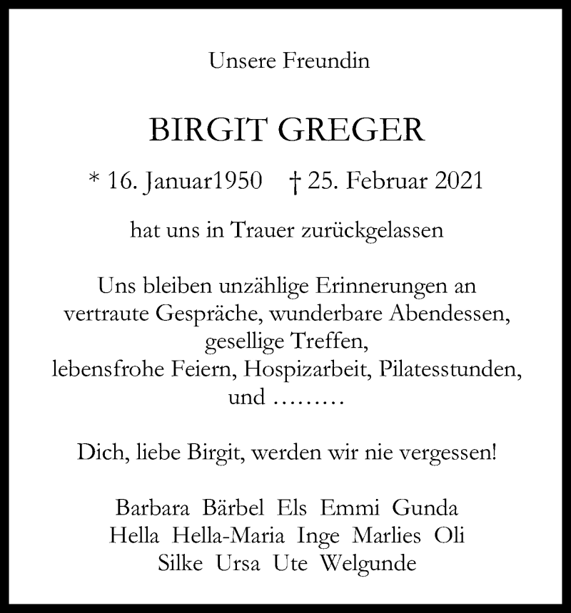  Traueranzeige für Birgit Greger vom 06.03.2021 aus Kölner Stadt-Anzeiger / Kölnische Rundschau / Express